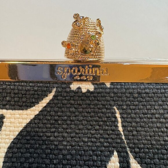 Spartina 449 Bee Kiss Lock Coin Purse Woven Linen Clutch Black Cream - Picture 9 of 10